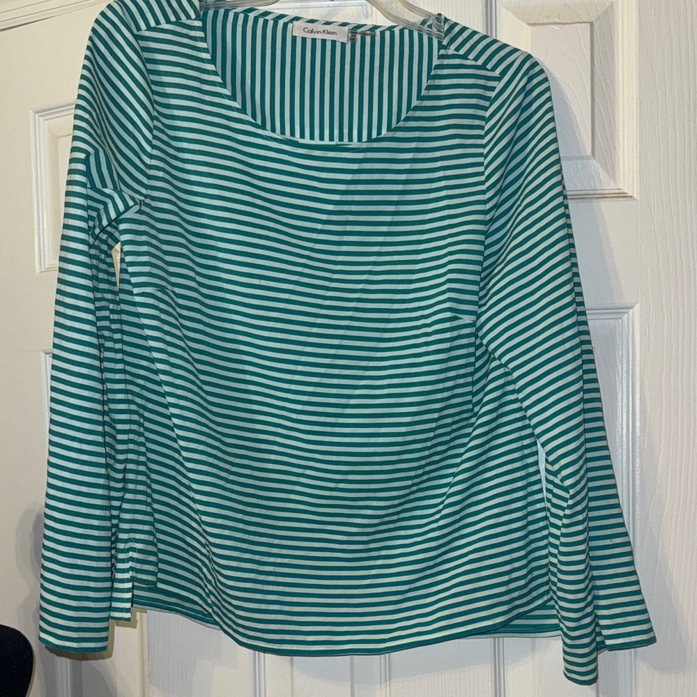 Calvin Klein Teal and White Striped Long Sleeve Top